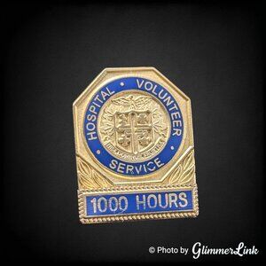 Vintage Hospital Volunteer Service Pin Blue Enamel Gold Tone 1000 Hours Award